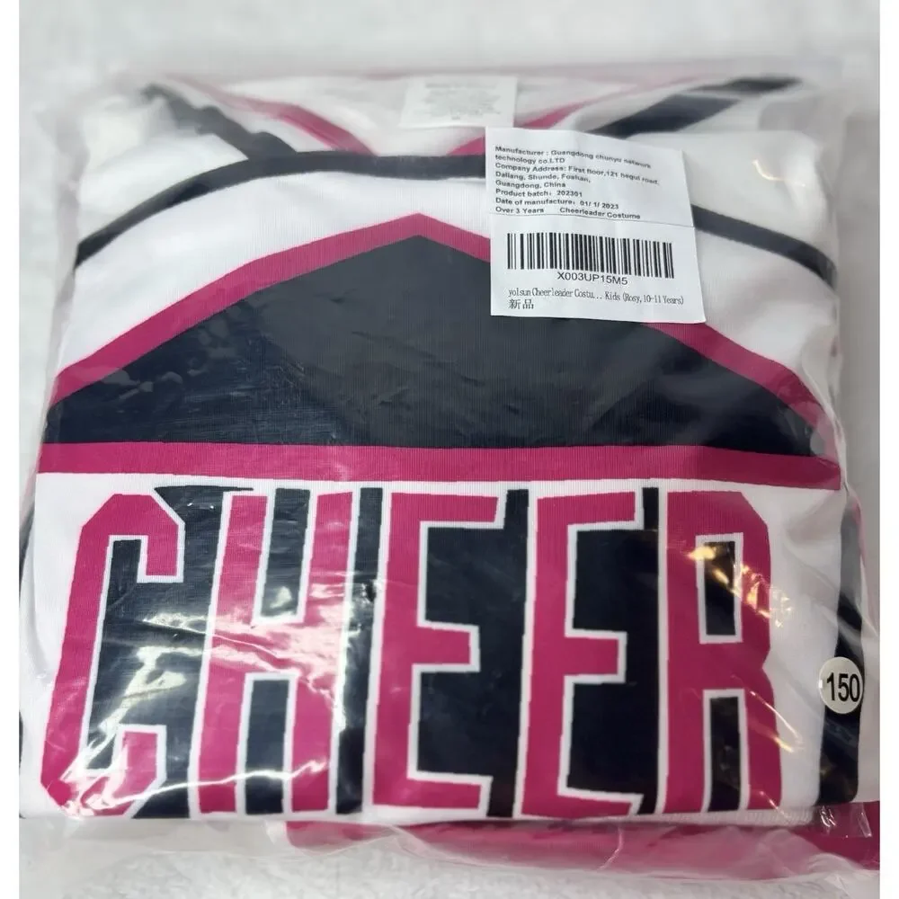 Yolsun Girls 10-11yrs Pink, Black, & White Cheerleader Halloween Costume New